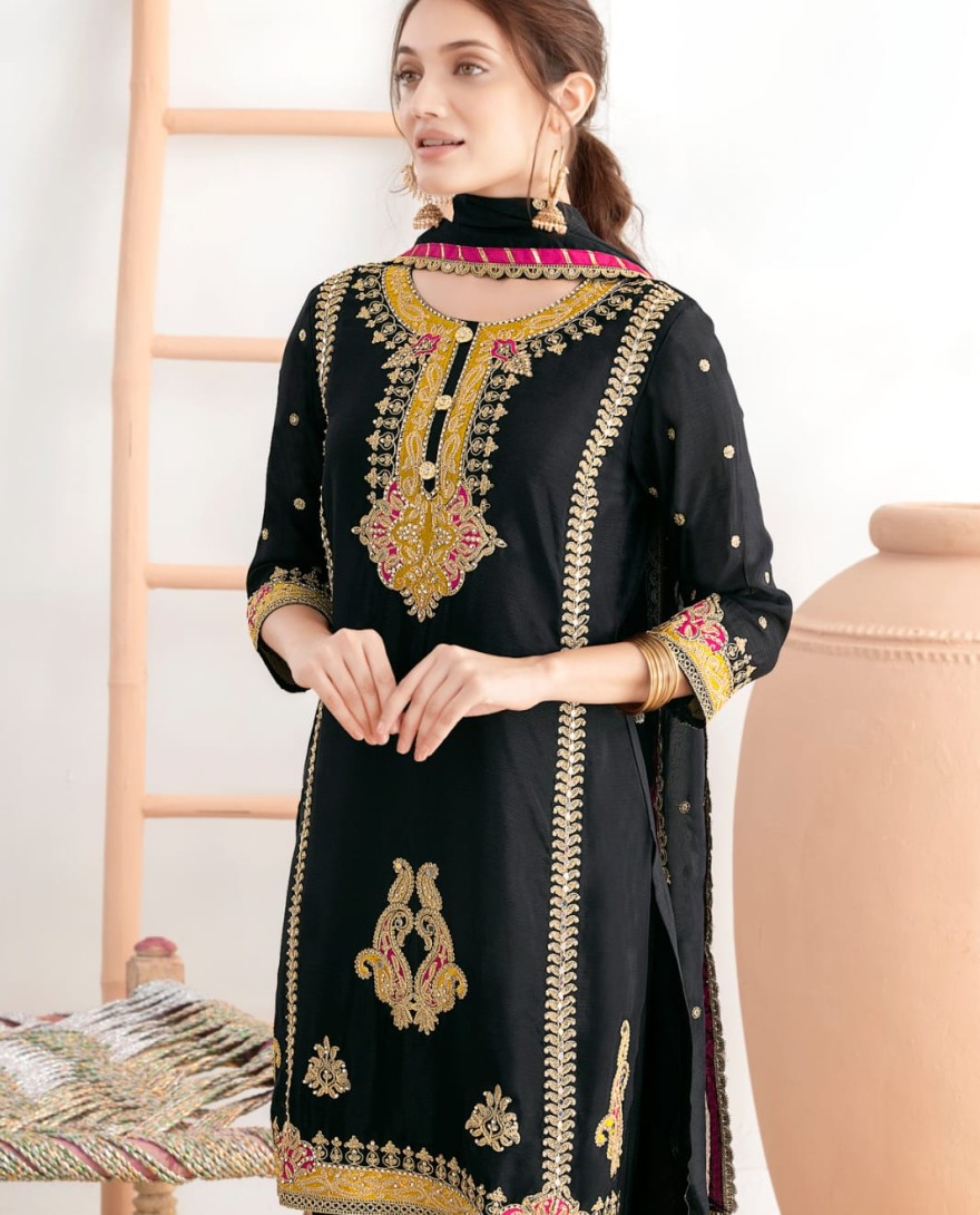 BLACK - Black Embroidered Chinnon Pant Kameez for Festival